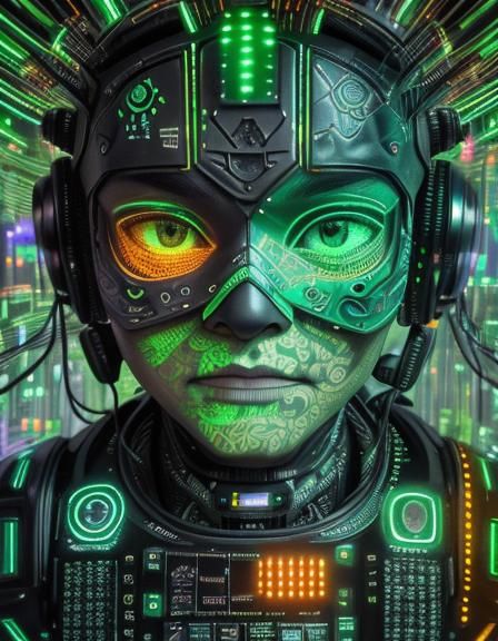 Maori Robot with Ascii and Neon Details