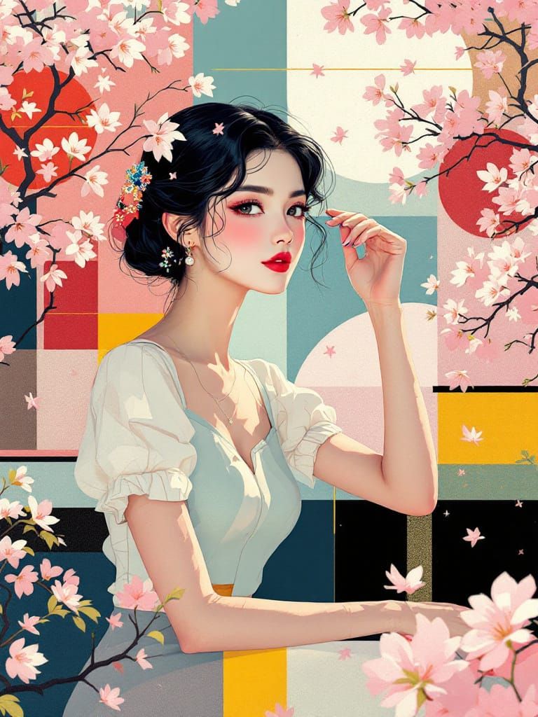 Anime Pin-Up Girl in Mondrian Garden with Cherry Blossoms