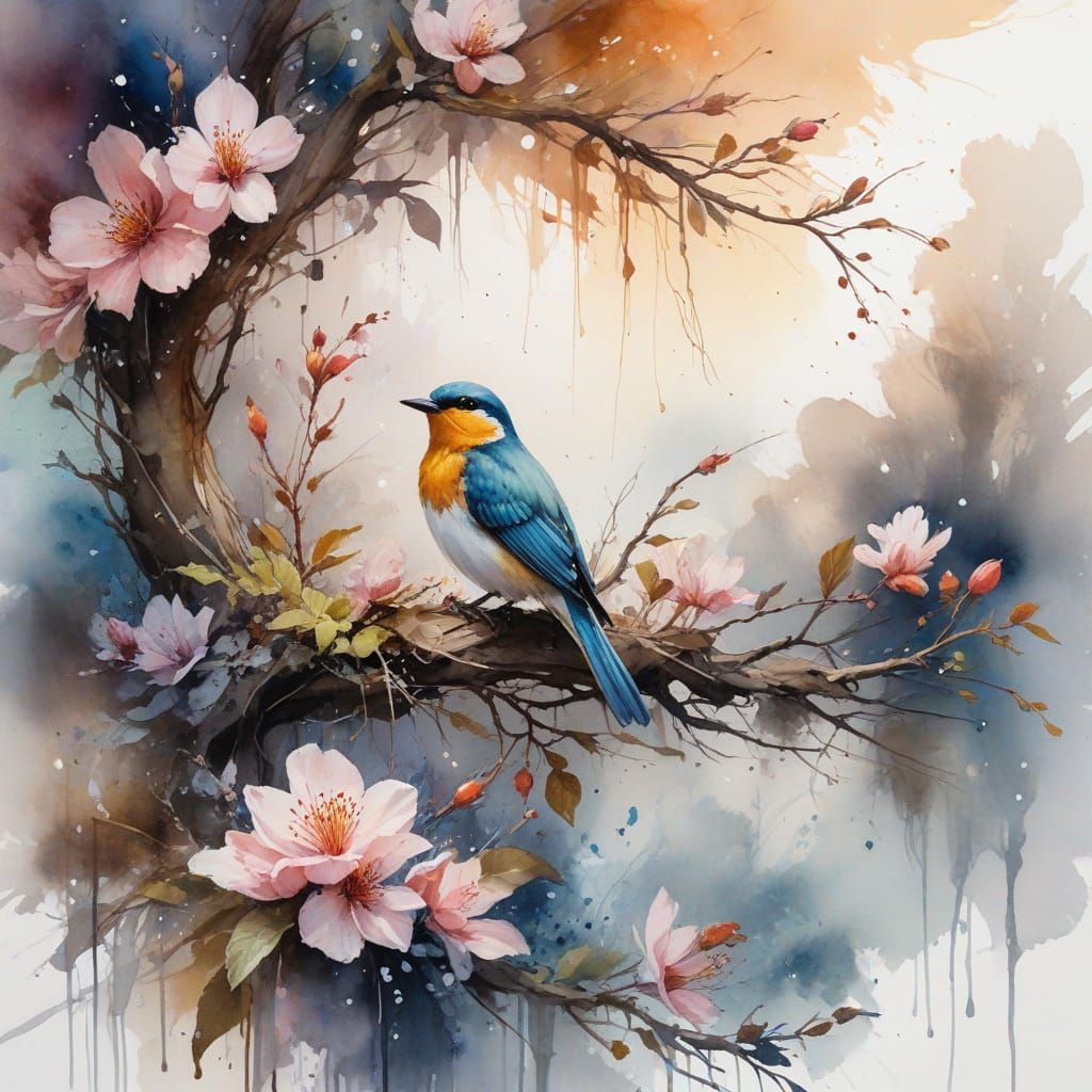 Vibrant Bird in Enchanted Nature Scene with Watercolor Gradi...