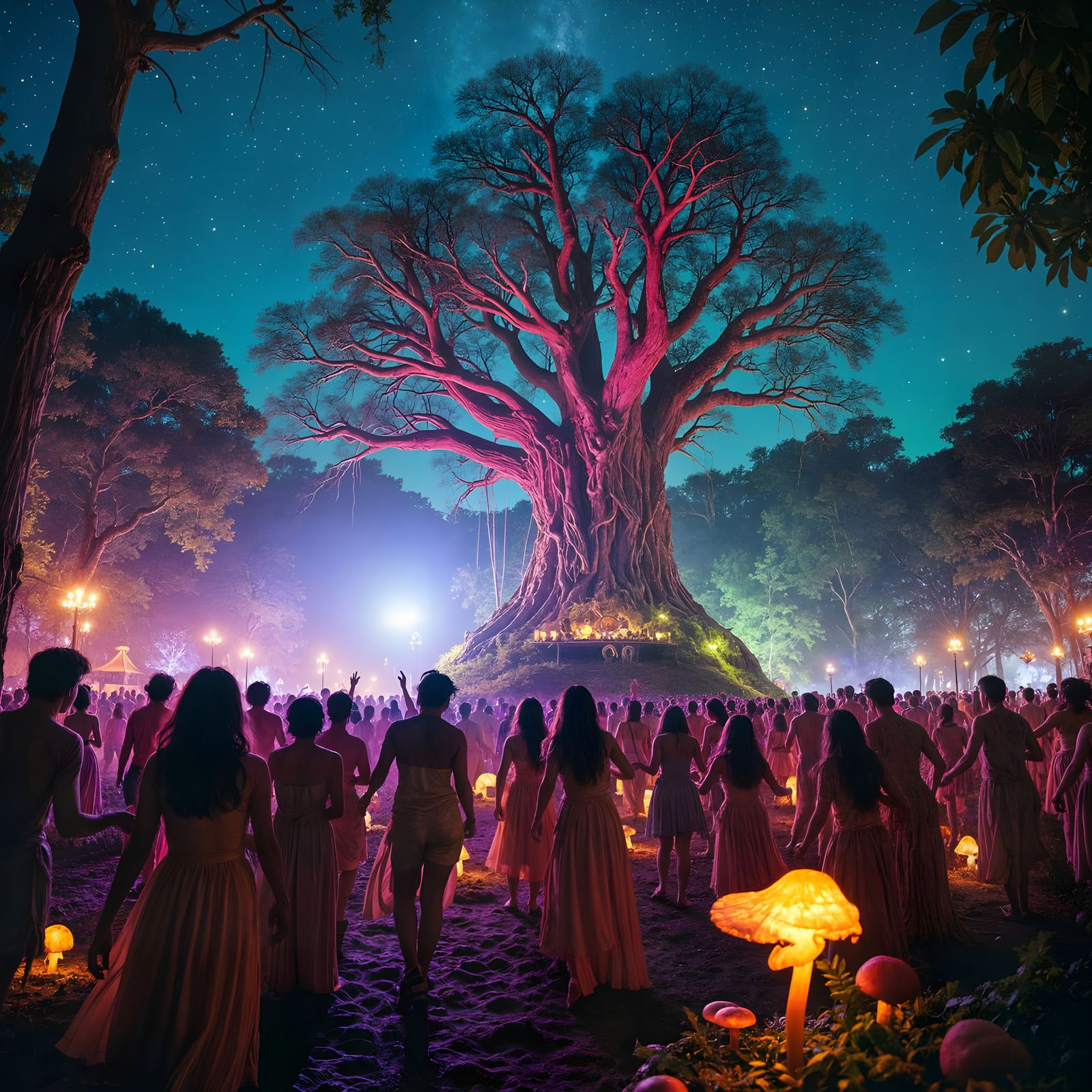 Dancing Under Starry Forest Skies in Vibrant Psychedelic Sty...