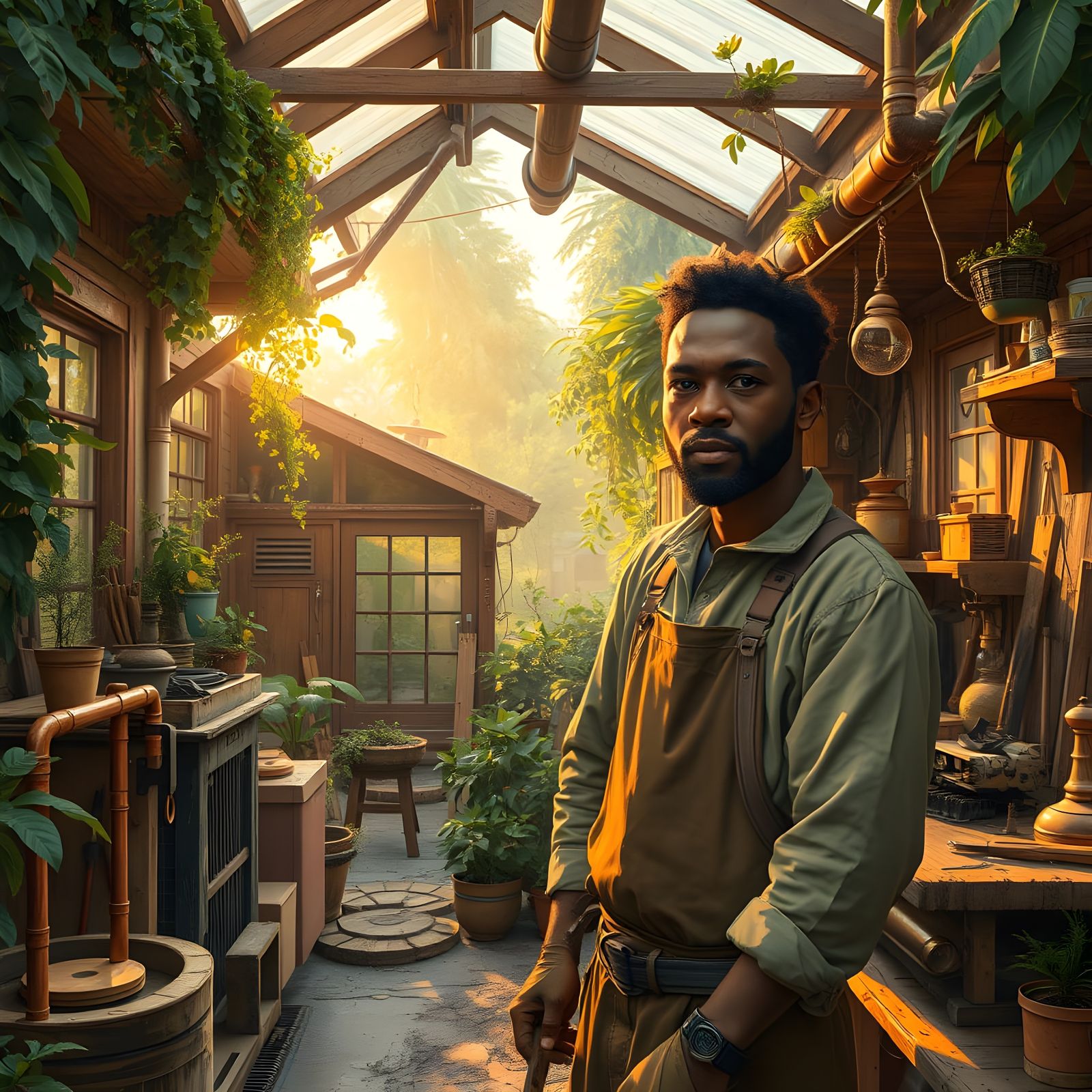 Sustainable Futuristic Village Scene with Black Craftsman