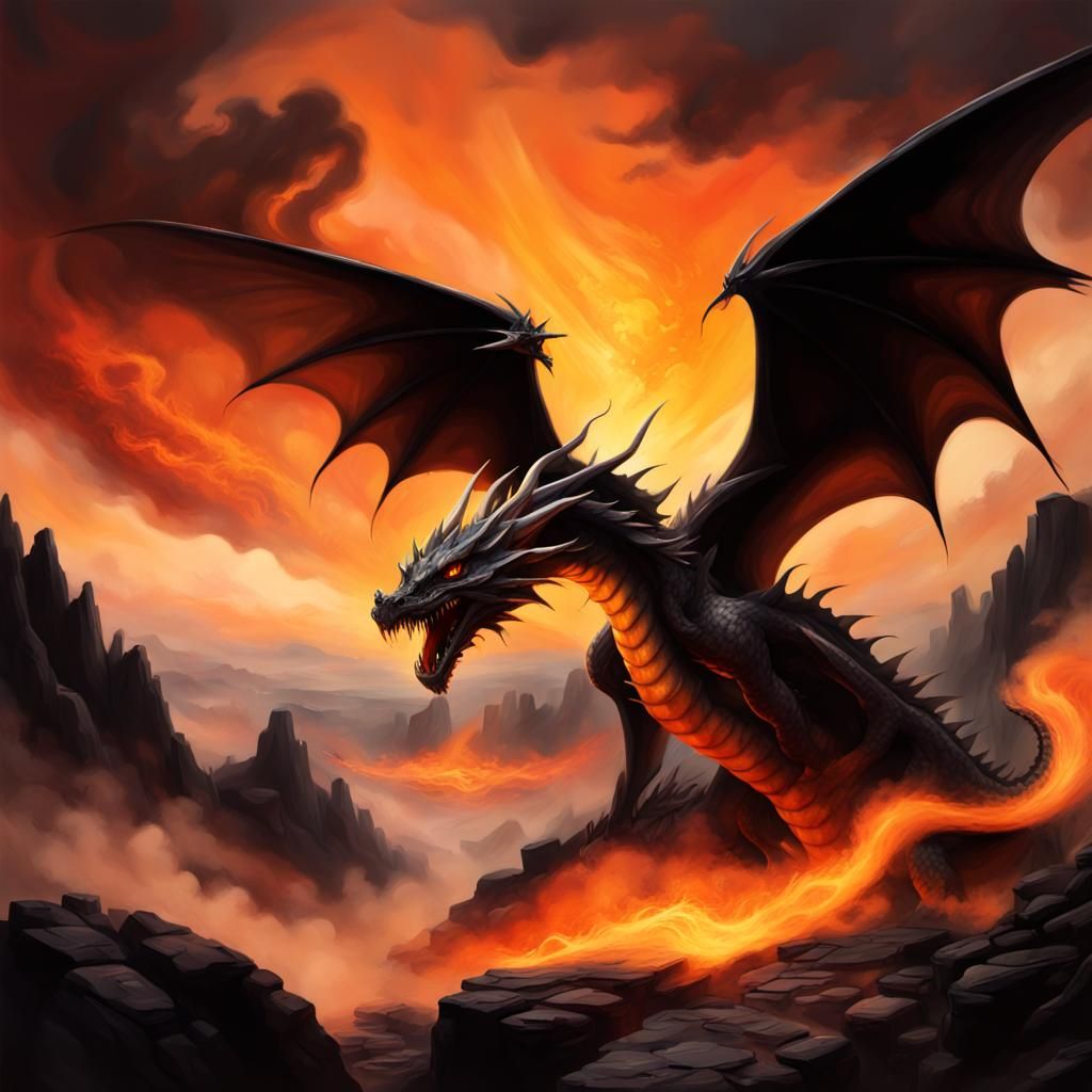 Charcoal Dragon Silhouette in Fiery Sky: Hyperrealistic Conc...