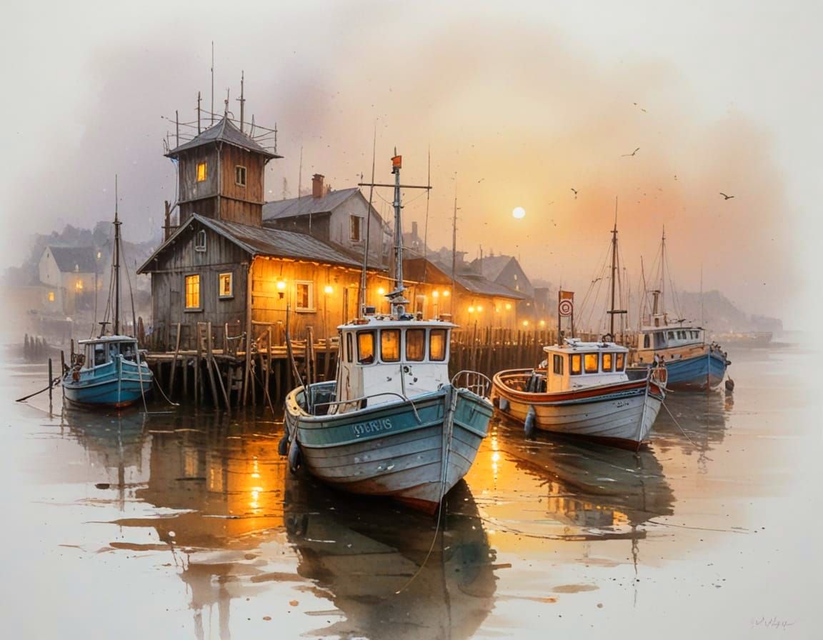 Misty Seaside Village With Fishing Boat