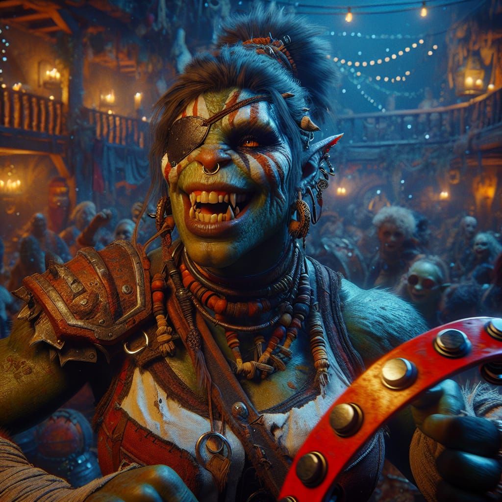 Cheerful Orc Warrior Plays Tambourine in Tavern