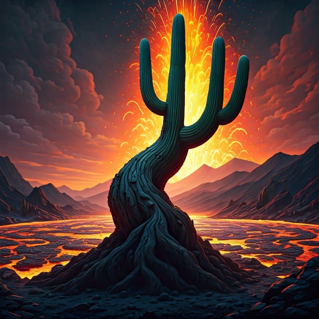 Surreal Cactus Volcano Landscape in Digital Painting Style