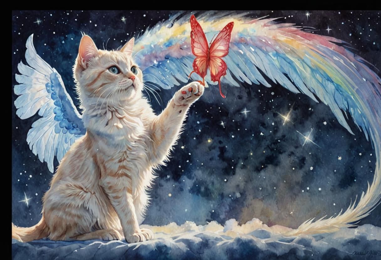 Watercolor Cat with Angel Wings and Butterfly
