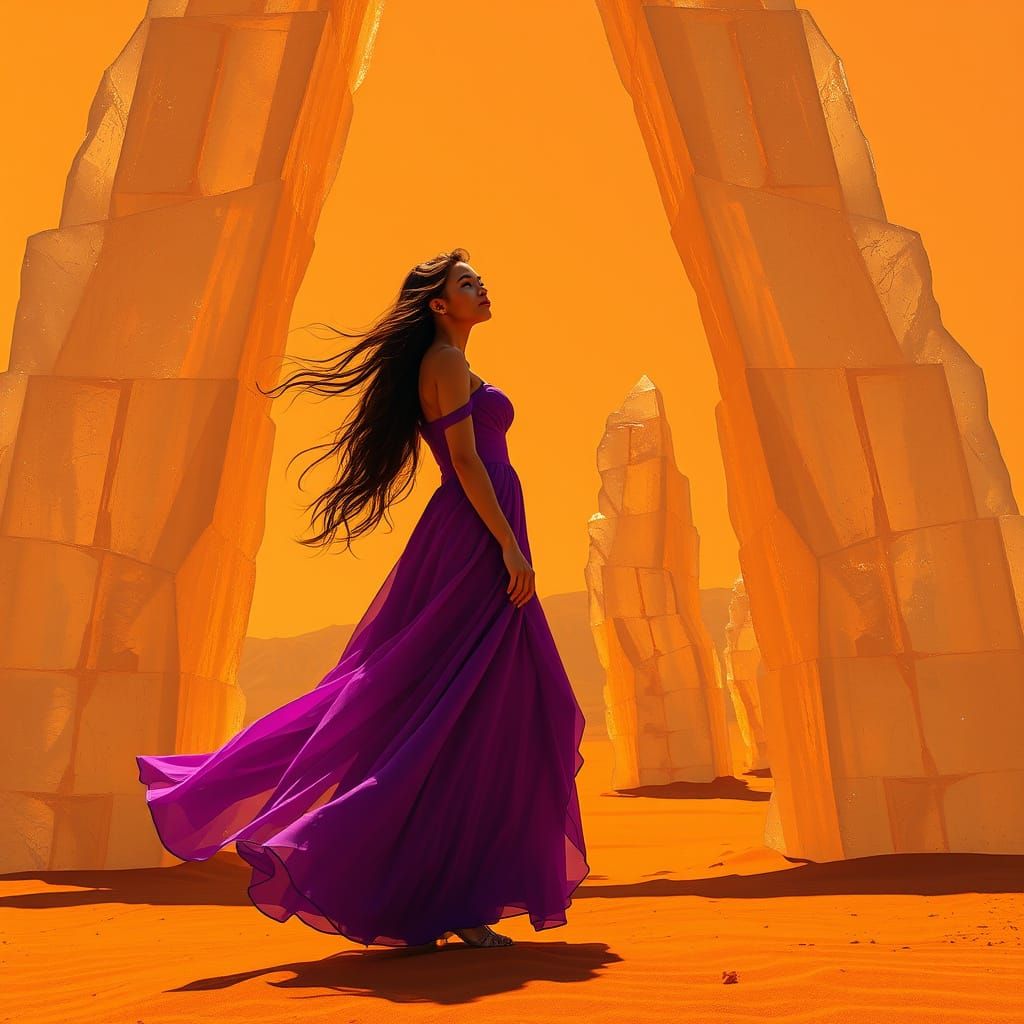 Girl in Violet Gown Amidst Orange Desert