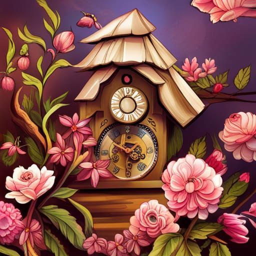 Ornate Cuckoo Clock Surrounded by Flowers