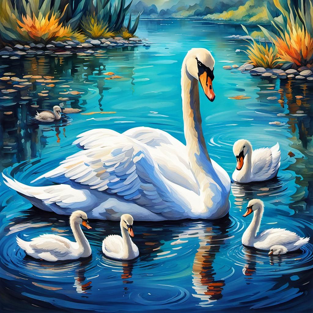 Swan and Cygnets: Gouache Style Fantasy Art