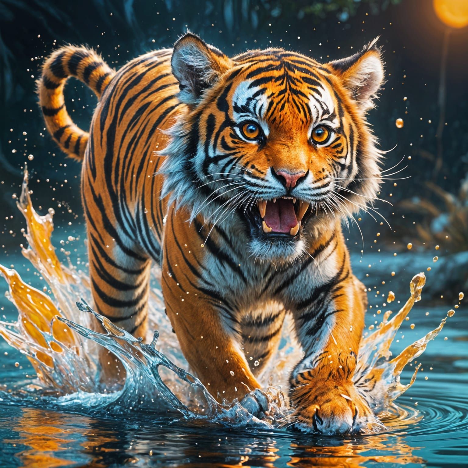 Cute Tiger Line Art with Fire and Ice