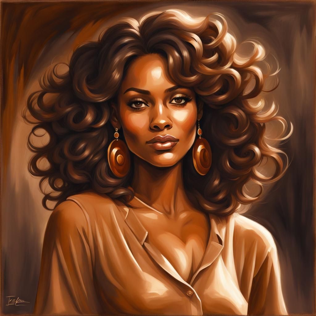A beautiful brown skinned woman with dark cinnamon brown hair and subtle caramel highlights.