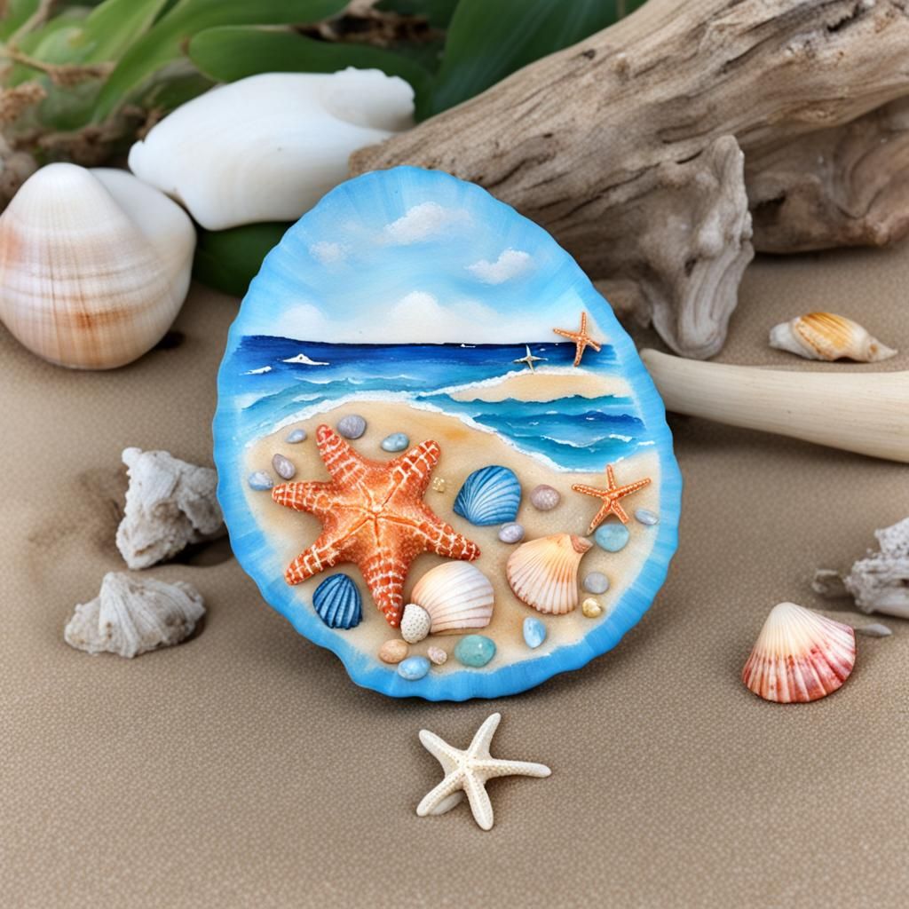 Beach-Themed Art on Seashell