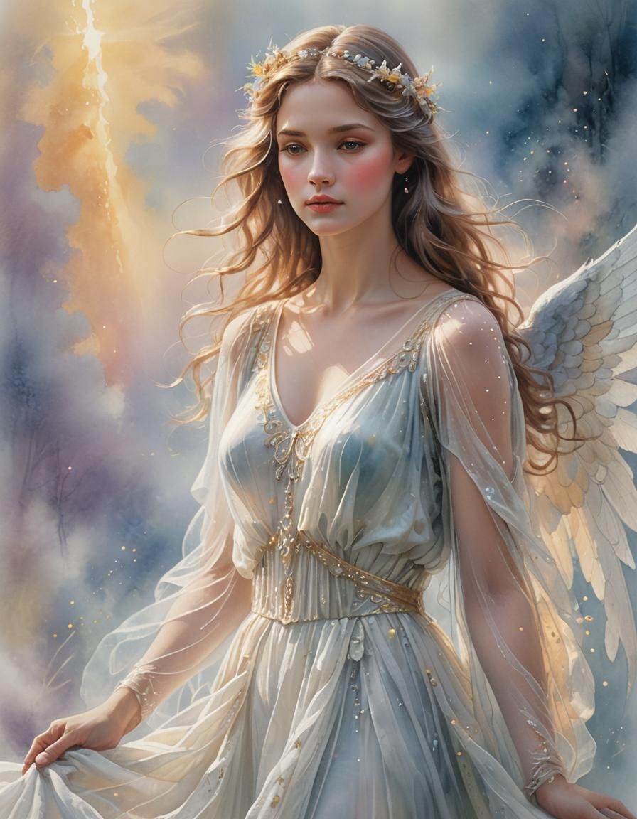 Ethereal Angel in Pastel Watercolor Fantasy Art