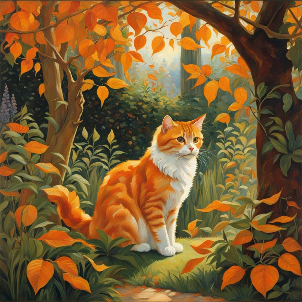 Marmalade Cat in Garden of Autumn Leaves