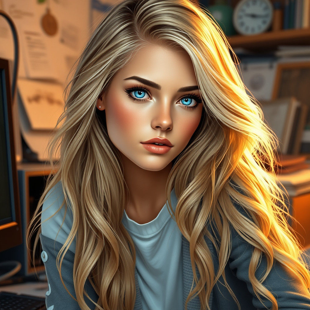 Sapphire-Eyed Woman Lost in Thought