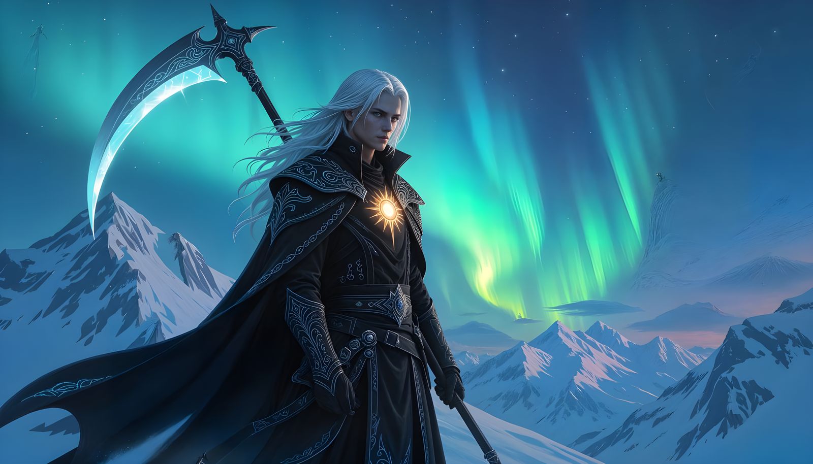 Cleric Gazing at Aurora Borealis in Dark Fantasy Style