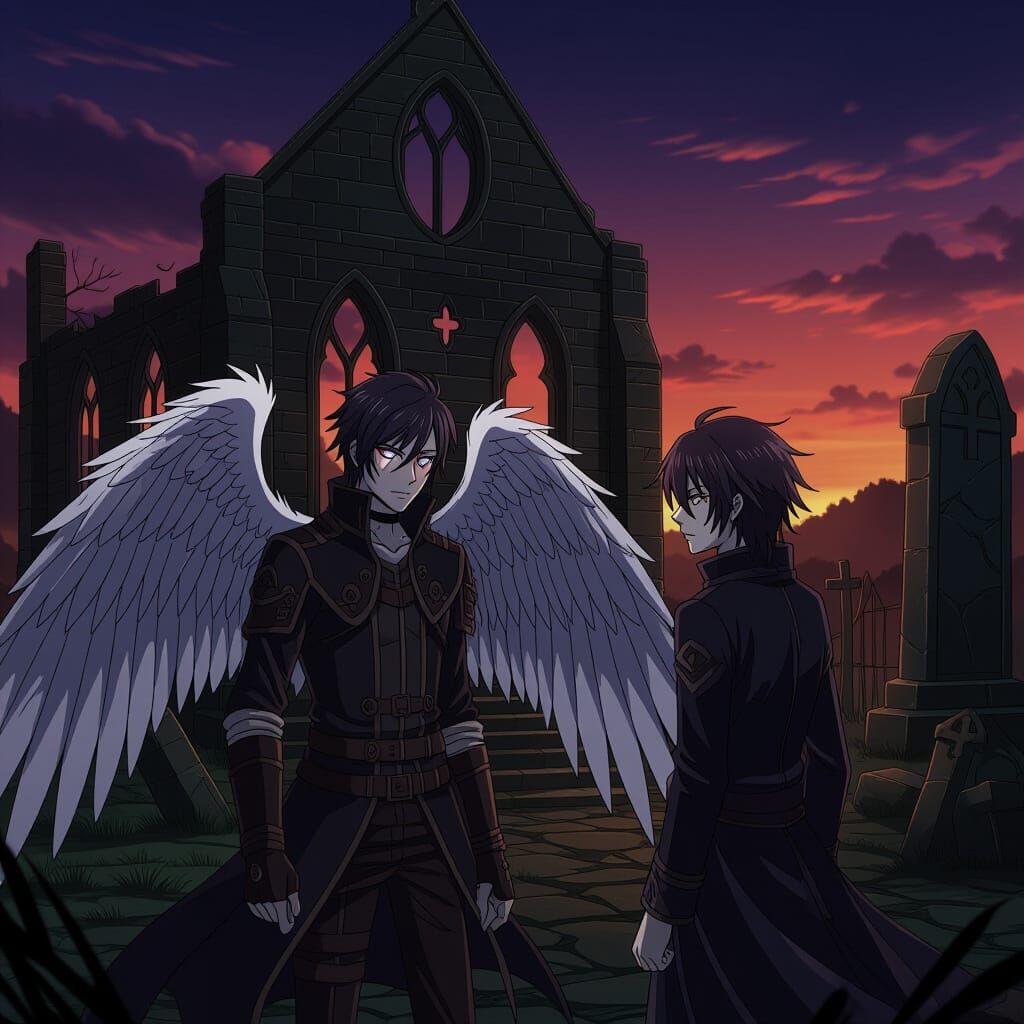 Brothers Meet at Ruined Chapel in Anime Style