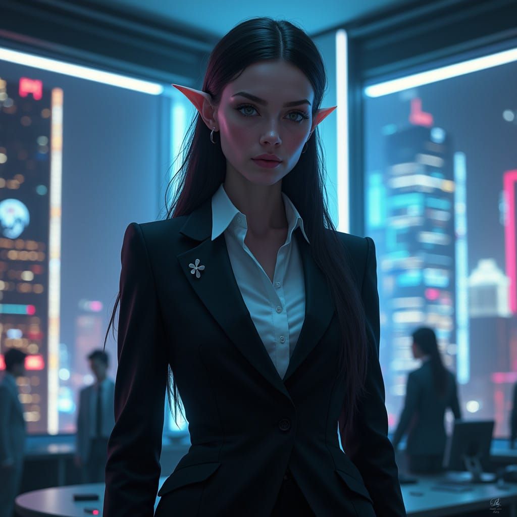 Elegant Elven CEO in Cyberpunk Corporate High-Rise