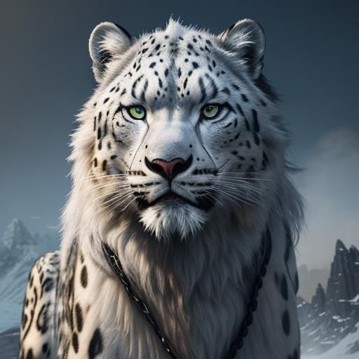 Majestic Snow Leopard Hybrid in a Fantasy Landscape