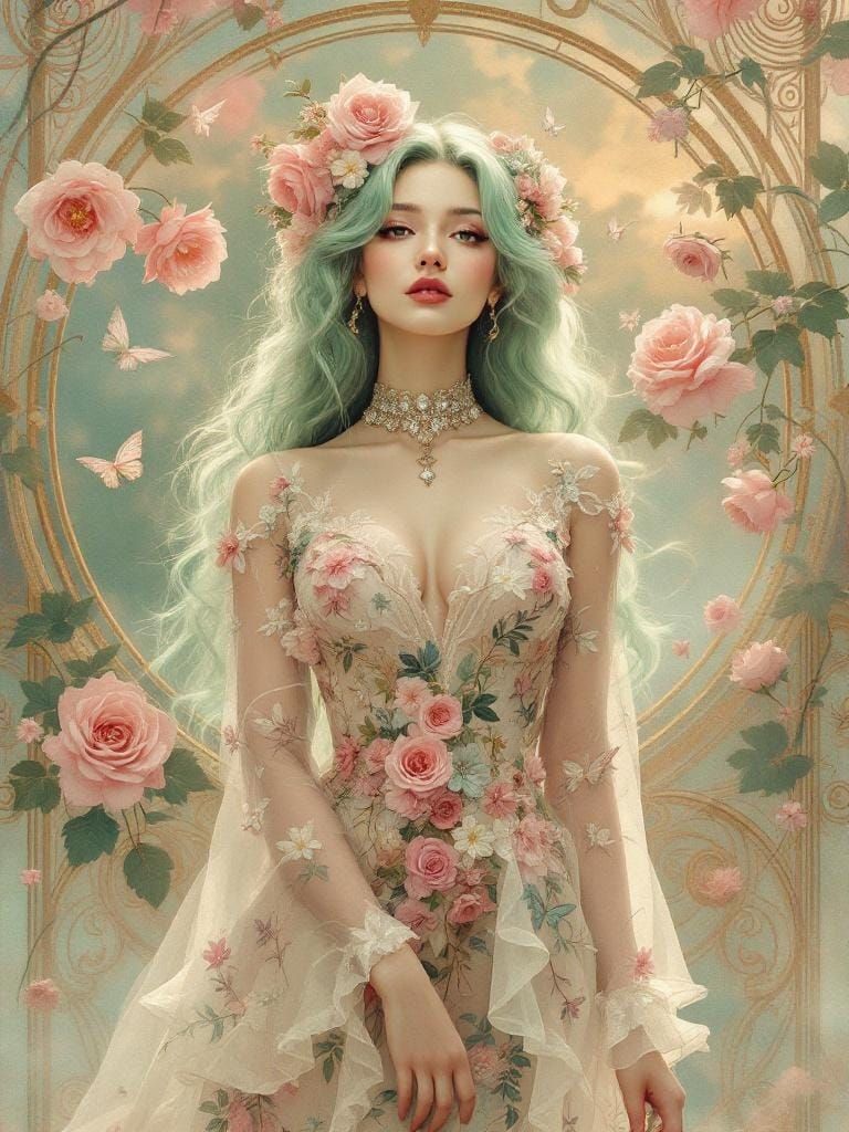 Botanical Elegance: Fantasy Woman in Art Nouveau Garden