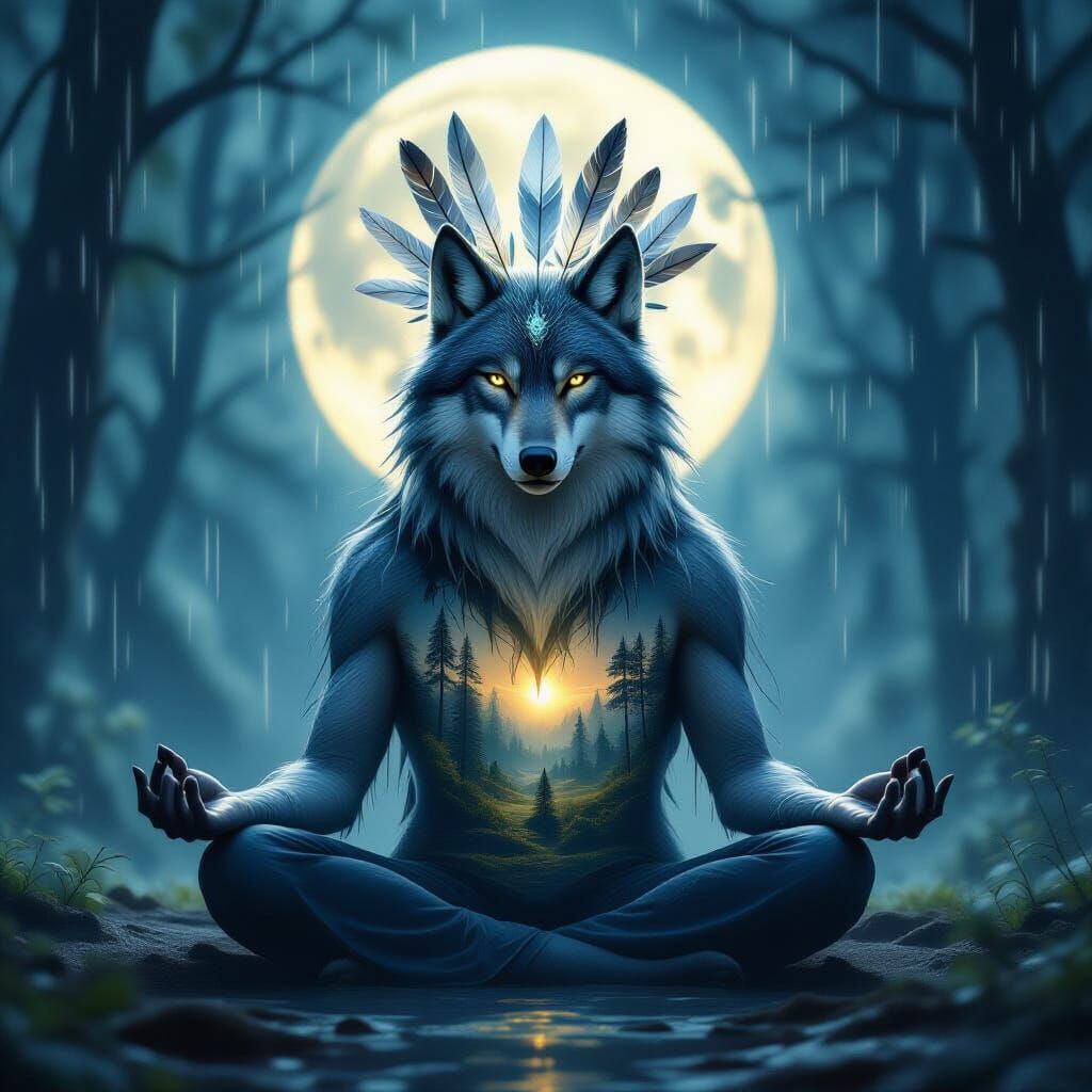 Mystical Wolf Spirit Guide Meditating in Moonlit Forest