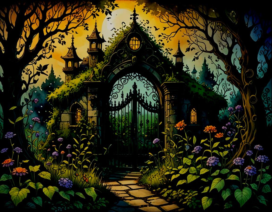 Gothic Garden at Dusk in Burton and Mumford Style