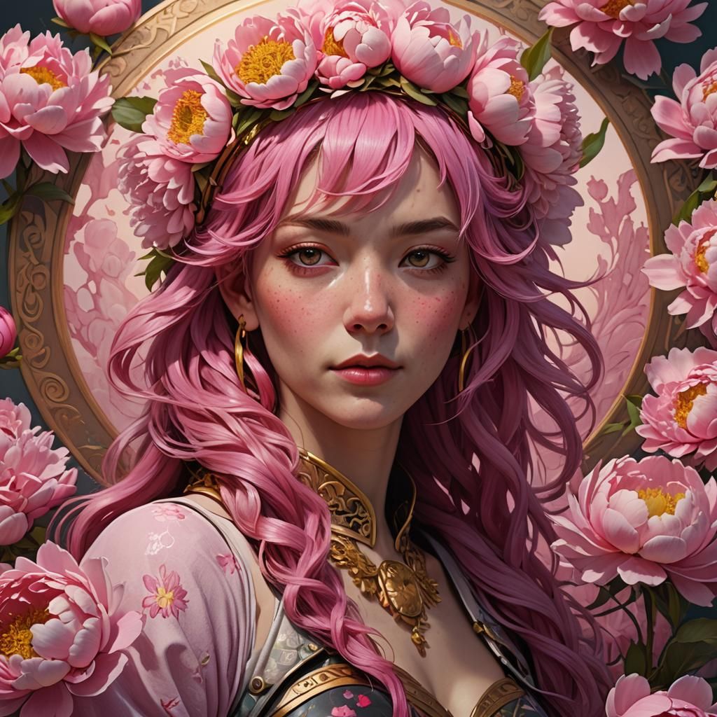 Pink-Haired Woman with Peony Headband, Hyperdetailed Photogr...