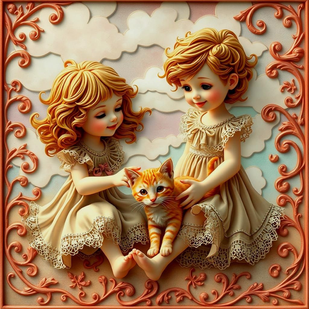 Whimsical Children Play with Tabby Kitten in Dreamy Stained ...