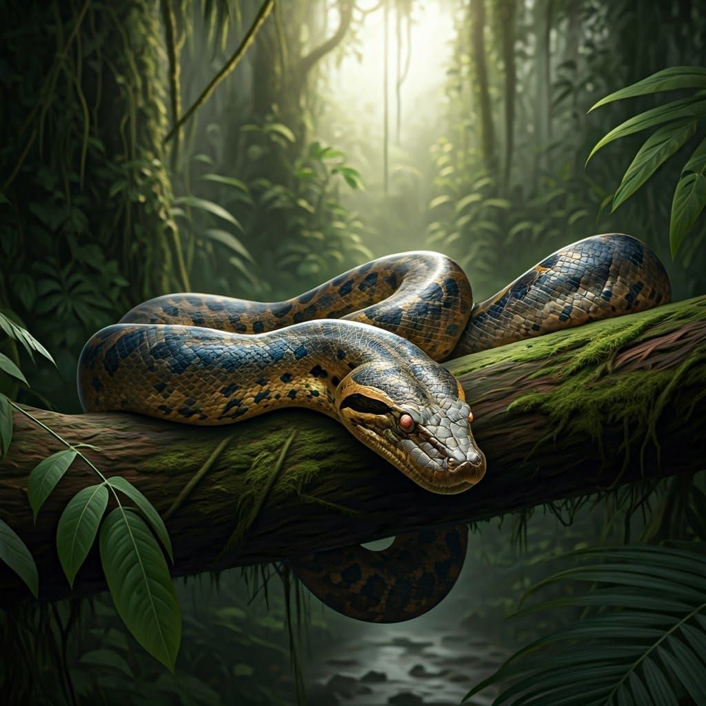 Anaconda in Rainforest: Hyperrealistic Digital Art