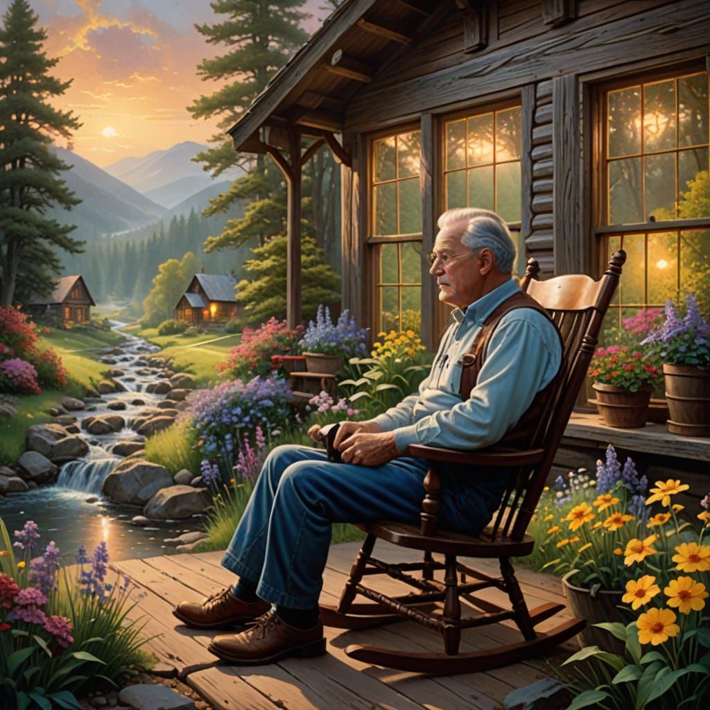 Grandpa's Serene Cabin Scene in Whimsical Fantasy Style