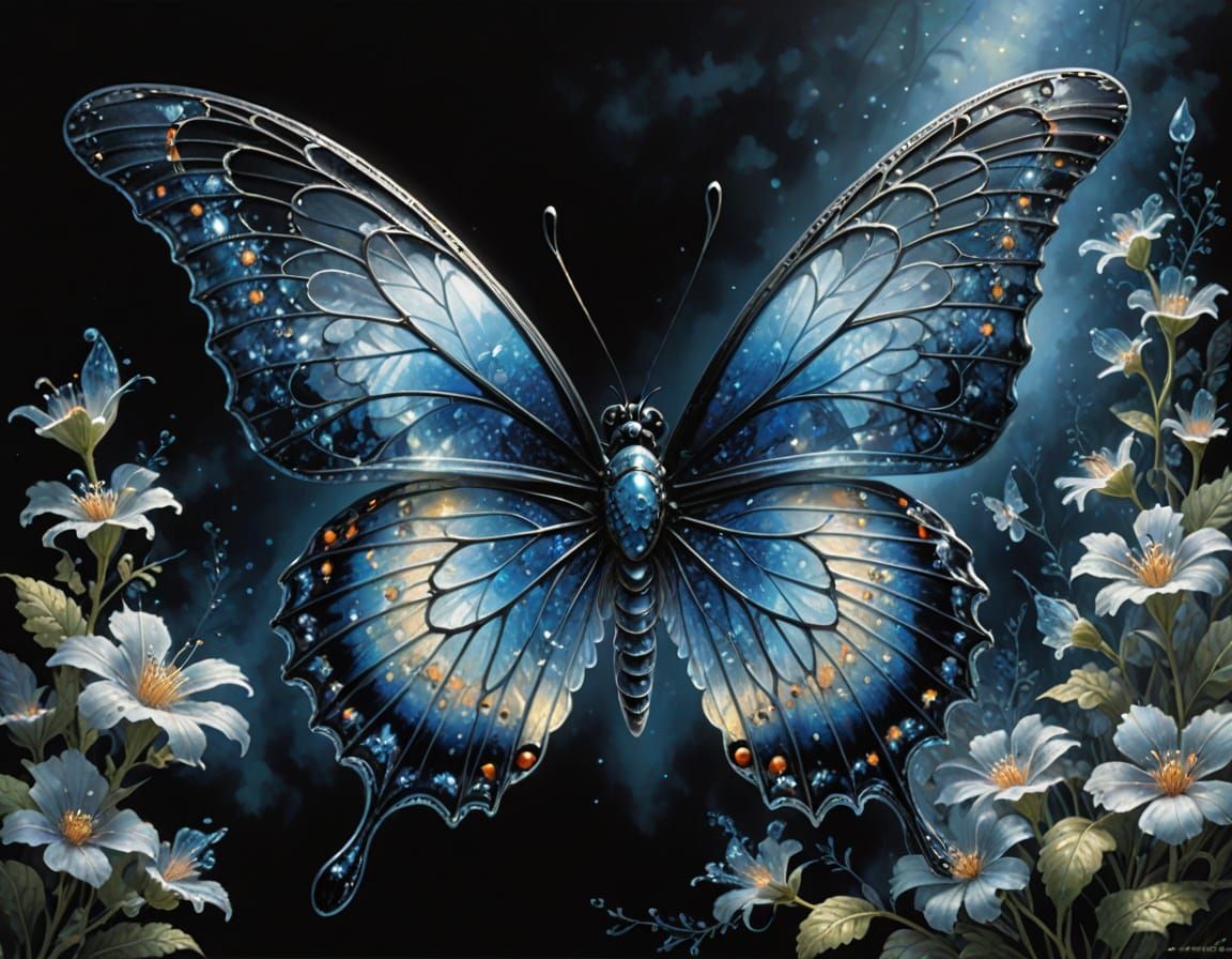 Blue Crystal Butterfly With Intricate Lace Wings