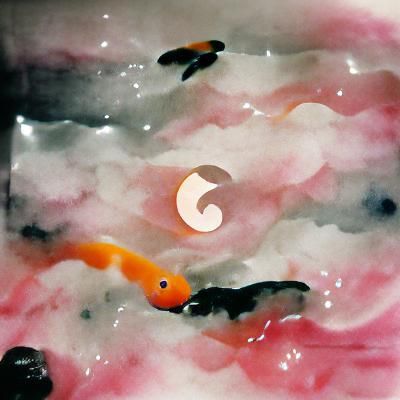 Sumi-e Goldfish Swimming Around The Moon