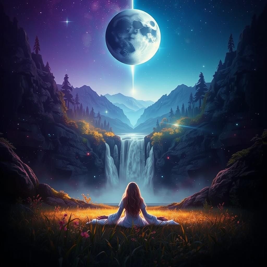 Magical Starry Night Landscape with Waterfall