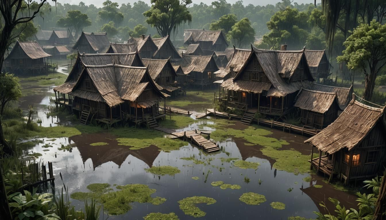 Swamp Village in Rain: A Detailed Matte Painting
