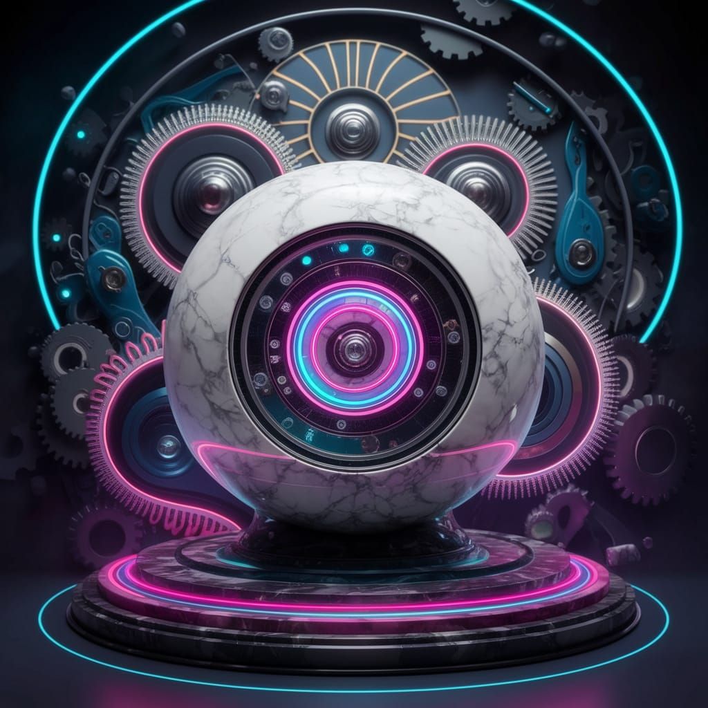 Surreal Marble Music Box in Futuristic Neon Dreamscape
