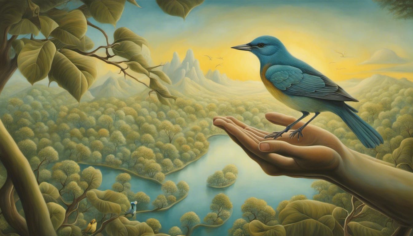 Surreal Bird in Hand, Metaphorical Painting