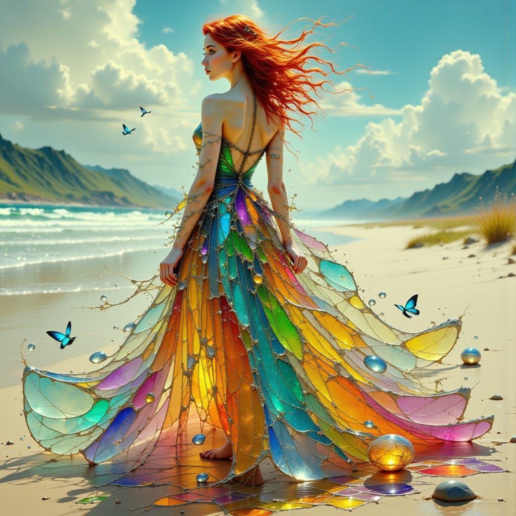 Red-Haired Woman in Iridescent Stained Glass Gown on Beach