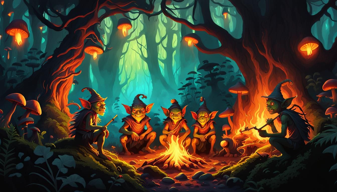 Tribal Goblins Gather Around a Glowing Forest Fire