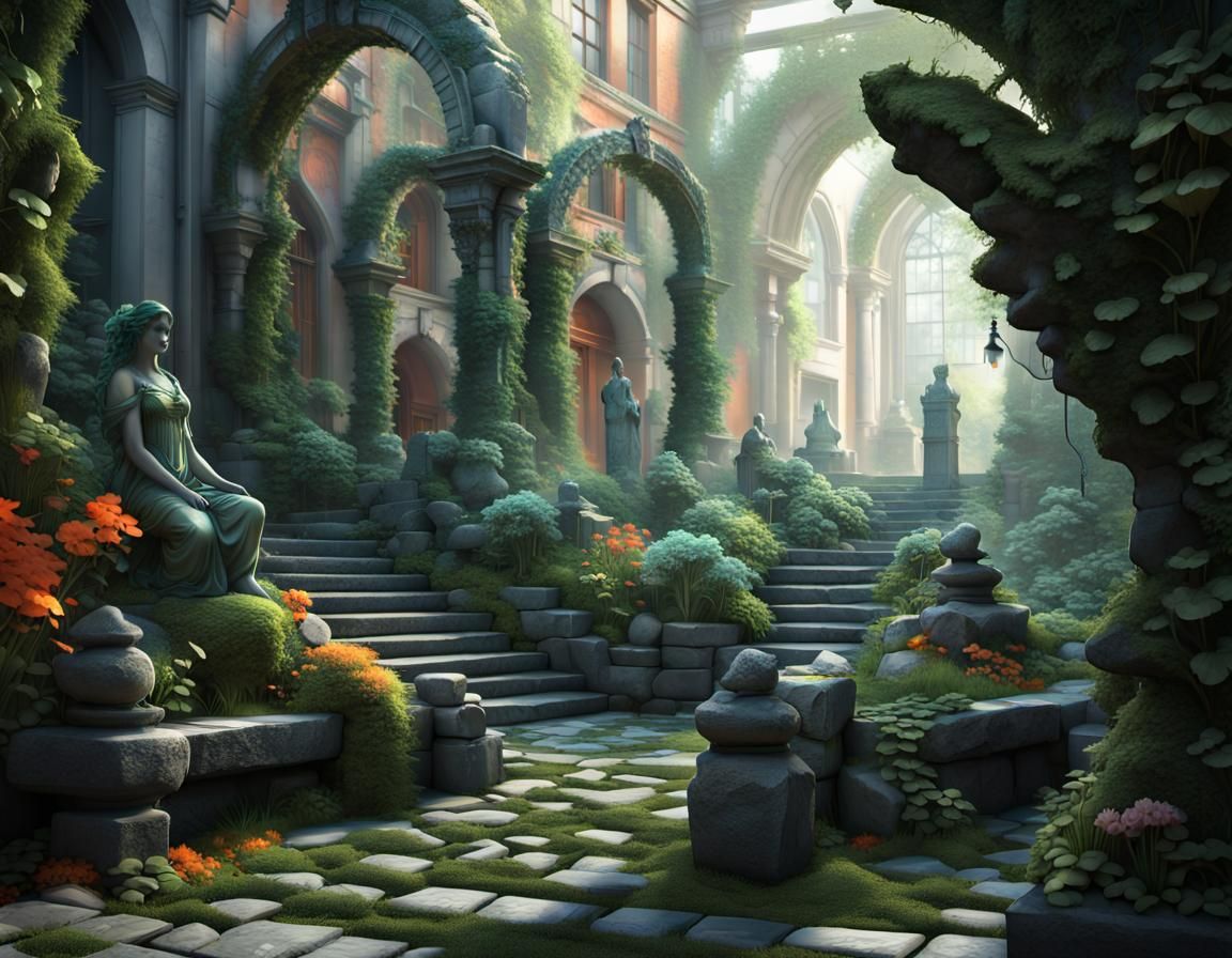 Urban Stone Garden with Cobblestone Archway