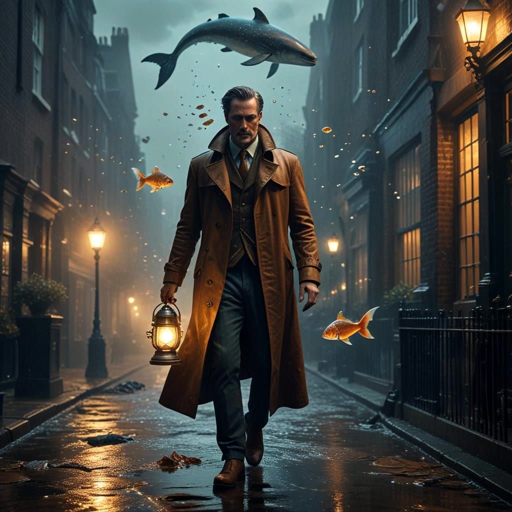 Surreal Victorian London Scene with Glowing Fish and Whale S...