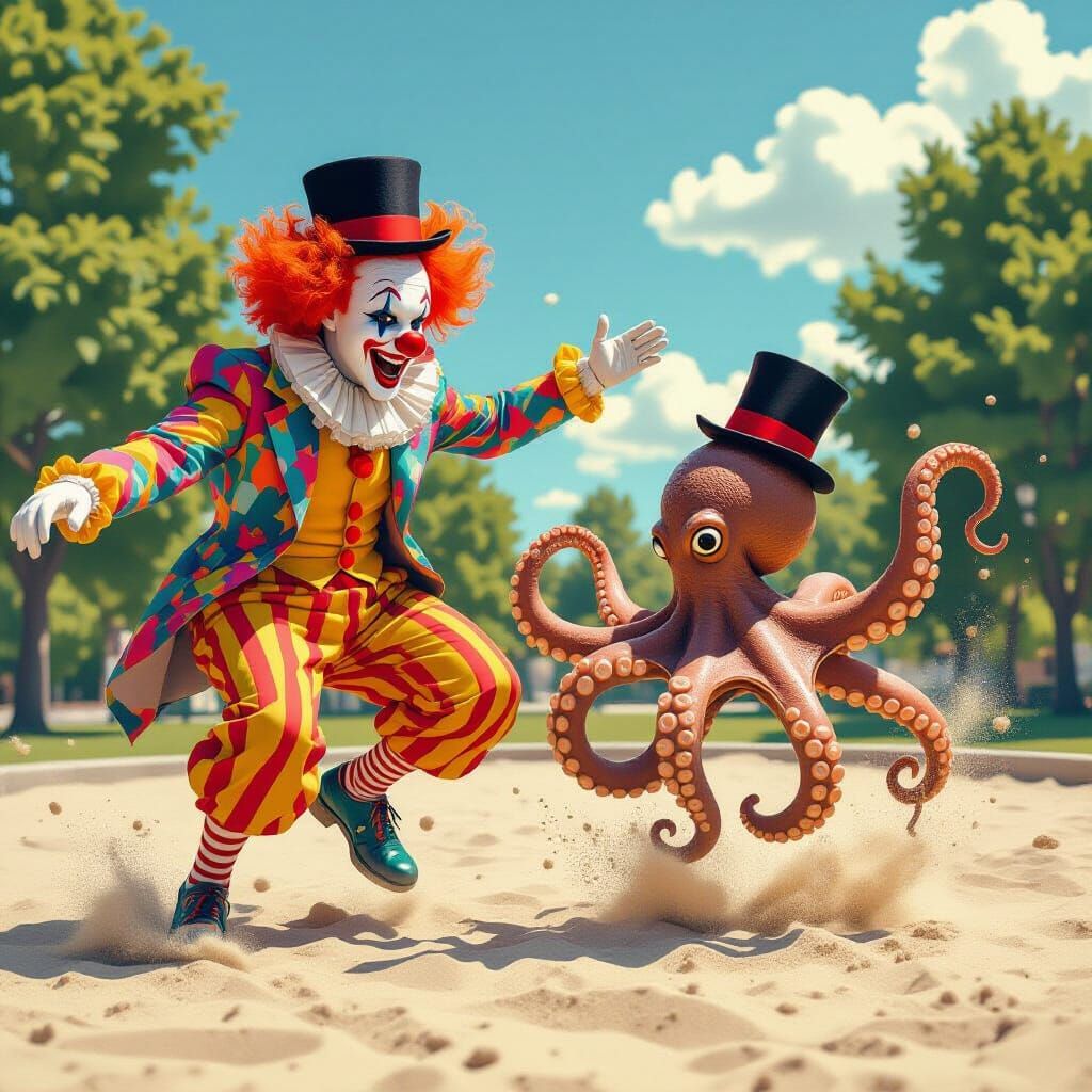 Clown vs Octopus in 1980s Sandbox