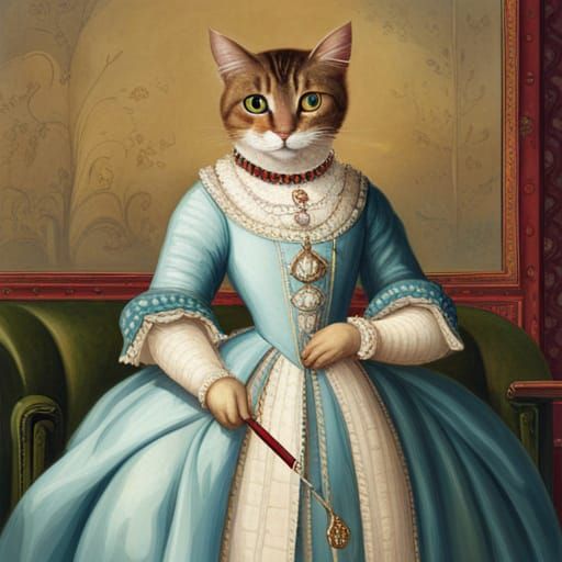 Anthropomorphic Cat in Pearled Regal Dress