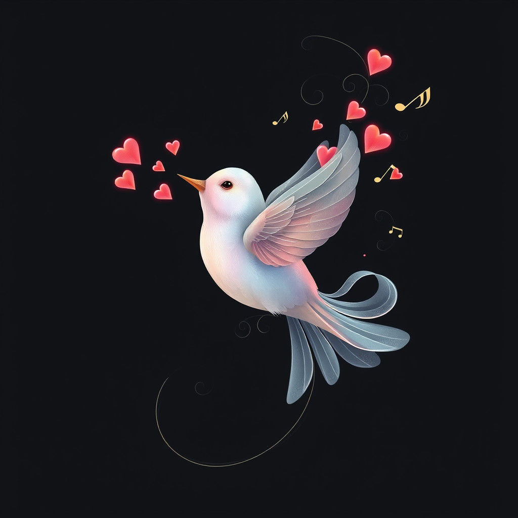 Ethereal Bird Singing Hearts in Abstract Fractal Style