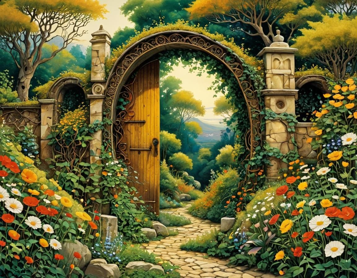 Ornate Garden Gate Amidst Lush Blooms in Hundertwasser Style