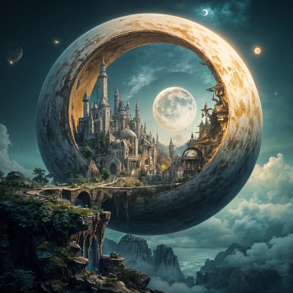 Surreal Cityscape on Crescent Moon