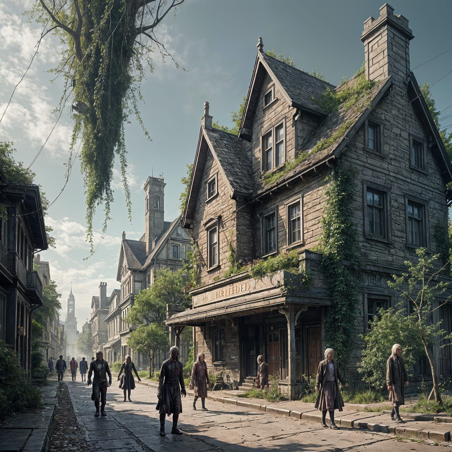 Surreal Street Scene with Piano House and Zombies