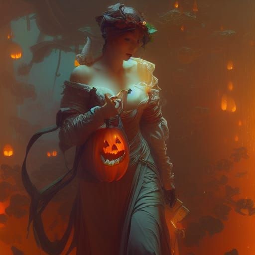 Festive Trick-or-Treat Scene in Art Nouveau Style