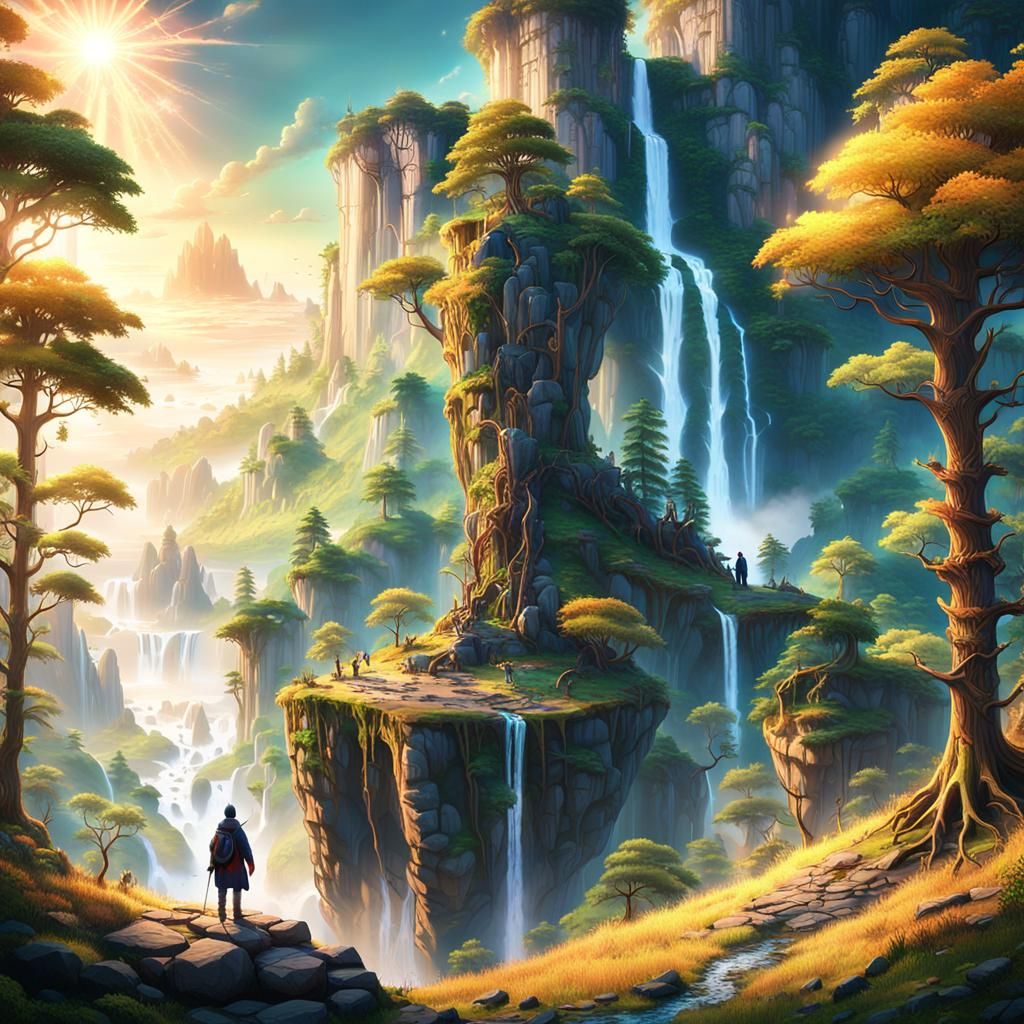 Lush Fantasy Landscape with Lone Figure