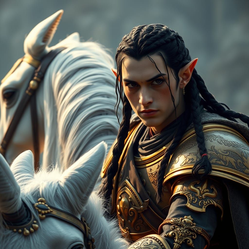 Elven War Prince on White Horse in Digital Painting Style