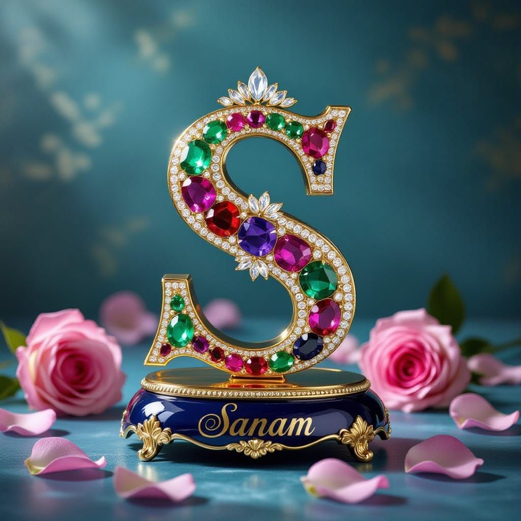 Luxurious Gold Letter S Adorned with Gemstones in Baroque Fr...